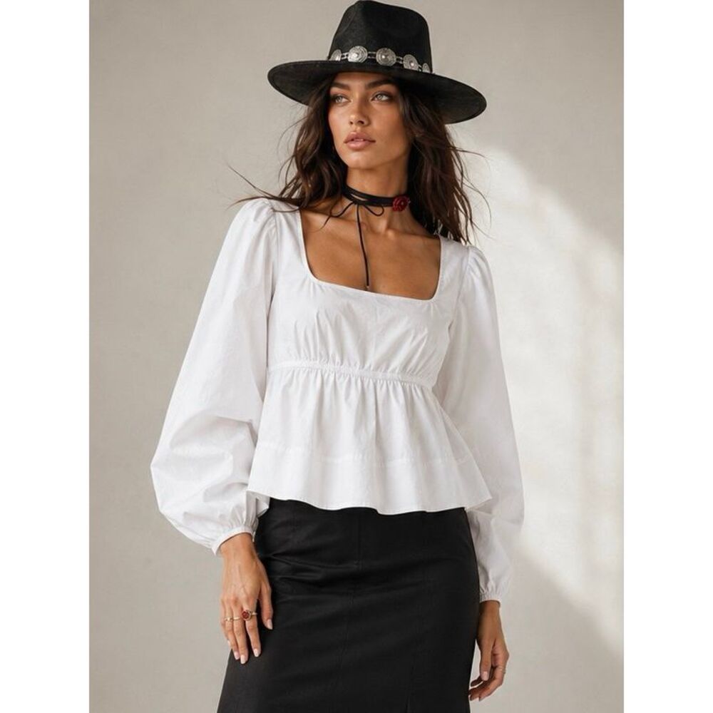 STAUD Sophie Blouse M White Square Neck Babydoll Peplum Puff Sleeve Top